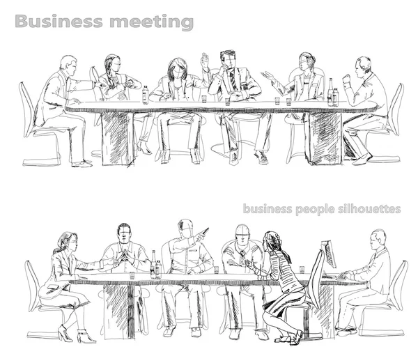 Silhuetas de empresários de sucesso trabalhando em reunião. Esboço — Fotografia de Stock