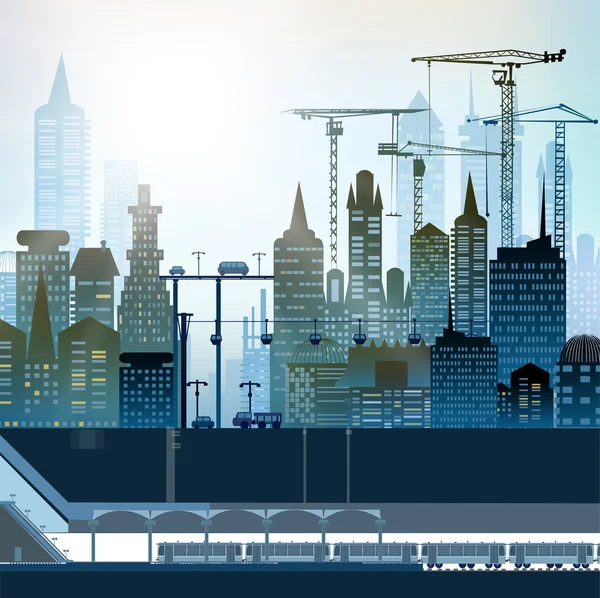 Modern stad med skyskrapor, vägar och motorvägar med massor av trafik. Pendling tid illustration — Stockfoto