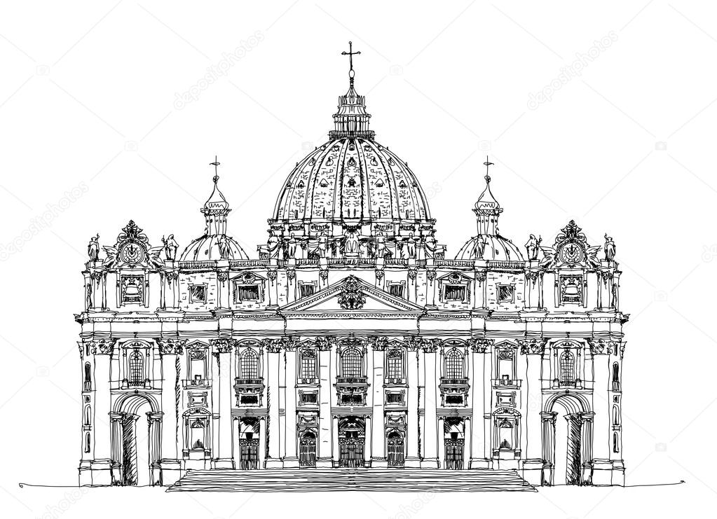 St. Peter's Cathedral, Rome, Vatican, Italy. Hand drawing. Saint Pietro Basilica, vector illustration