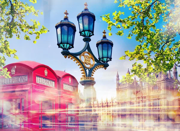 Houses of Parliament, Lantern and red British phone box. Concept image — Stock Photo, Image