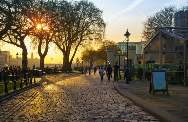 Zonsondergang op de rivier de Theems embankment. Londen Verenigd Koninkrijk — Stockfoto