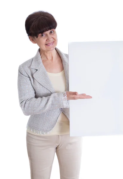Aged woman posing like an office worker, administrator or secretary. Portrait against of white background — Stock Photo, Image