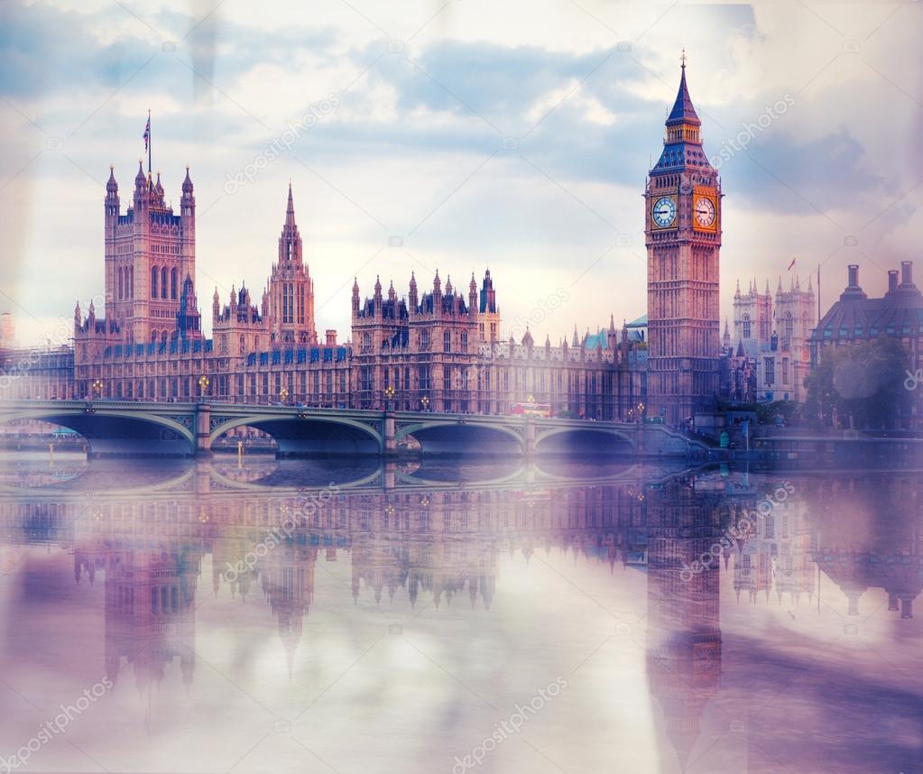Big Ben and Houses of Parliament, vanilla vintage effect image. London