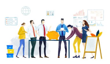 İş adamları, ofiste çalışan yaratıcı ekip. Gelecek projesi, konsept geliştirme. Profesyonel rekabet. Girişim, Amaçlı Düşünme, Finansal Hizmetler, Bankacılık, Stratejik Planlama, Bilgi İşletme Konsepti. Sayısal Görüntü 