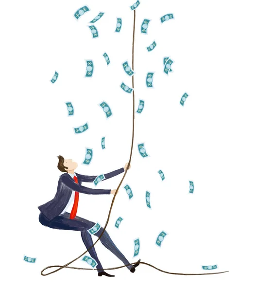 Business people and lots of money falling from the sky. Success concept. Future project, developing concept. Professional competition.  Startup, Goal thinking, Financial services, banking, strategic planning. DIGITAL illustration