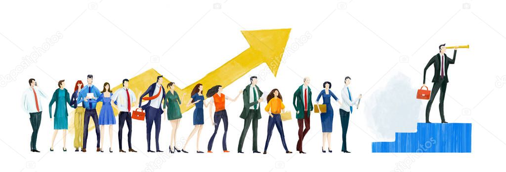 Business people, creative team holds up arrow. Future project, developing concept. Professional competition.  Startup, Goal thinking, Financial services, banking, strategic planning,  infographic business concept. DIGITAL illustration 