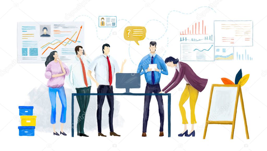 Business people, creative team working in office. Future project, developing concept. Professional competition.  Startup, Goal thinking, Financial services, banking, strategic planning,  infographic business concept. DIGITAL illustration 