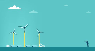 Rüzgar jeneratörü. Küçük iş adamlarıyla illüstrasyon koleksiyonu, birlikte çalışmak, sorunları yavaşlatmak, birbirlerine yardım etmek ve destek olmak. Başarı, ilerleme, mali danışmanlık ve yatırım artışı.