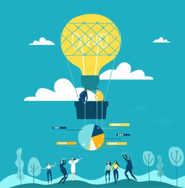 İş ekibi sıcak hava balonuyla uçuyor. İş konsepti çizimleri, iş adamlarının birlikte çalışması, başarılı olmak, yardım etmek, sorunları çözmek, başarıya alternatif yollar bulmak..