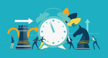 İş adamları ve satranç figürleri. İş konsepti çizimleri, iş adamlarının birlikte çalışması, başarılı olmak, yardım etmek, sorunları çözmek, başarıya alternatif yollar bulmak..