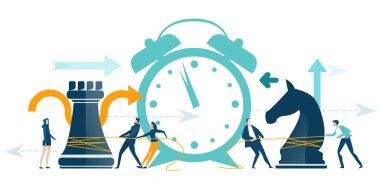 Satranç oynayan iş adamları. İş konsepti çizimleri, iş adamlarının birlikte çalışması, başarılı olmak, yardım etmek, sorunları çözmek, başarıya alternatif yollar bulmak..