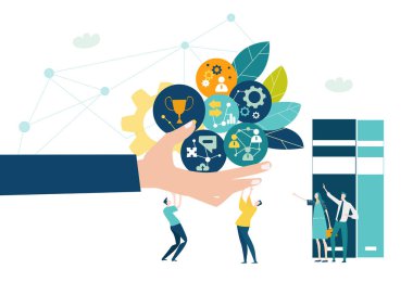 Mutlu işler, meşgul insanlar. İş konsepti çizimleri, iş adamlarının birlikte çalışması, başarılı olmak, yardım etmek, sorunları çözmek, başarıya alternatif yollar bulmak..
