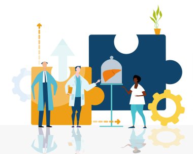 Doktorlar, bilim adamları, DNA sorunuyla karşı karşıya olan hastalar, çalışma ve araştırma programı. Sağlık ve bakım konsepti illüstrasyonu