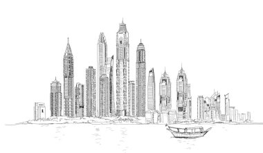 Dubai gökdelenlerinin çizimi, Dubai Marina 'nın modern mimarisi.