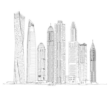 Dubai gökdelenlerinin çizimi, Dubai Marina 'nın modern mimarisi.