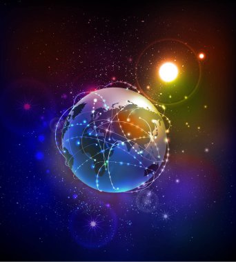 Dünya gezegeni iletişim hatlarını kuşattı. Neon etkisi. İş ağı kavramı