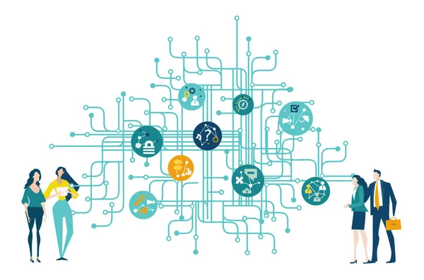 Equipe Negócios Tecnologia Fundo Com Ícones Maneira Moderna Fazer Negócios — Fotografia de Stock