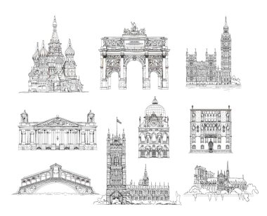 ünlü binalar, koleksiyonu, st. vasil Katedrali, Moskova, Eyfel Kulesi Tour Eiffel, Paris, Londra, Venedik köprü tüm sevenler ve diğer büyük ben triumph arch sketch sketch