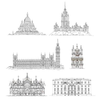 ünlü binalar, eskiz koleksiyonu. Paris montmartre, big ben ve evler, Parlamento, greenwich, Moskova, Ukrayna'da otel Venedik mahkeme ve etc içinde kutsal yürek