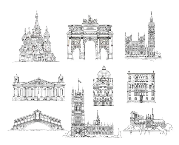 Famous buildings, sketch collection, St. Vasil cathedral in Moscow, Sketch of Eiffel Tower, Triumph Arch in Paris, Big Ben in London, Venice bridge of all lovers and other — Stock Photo, Image