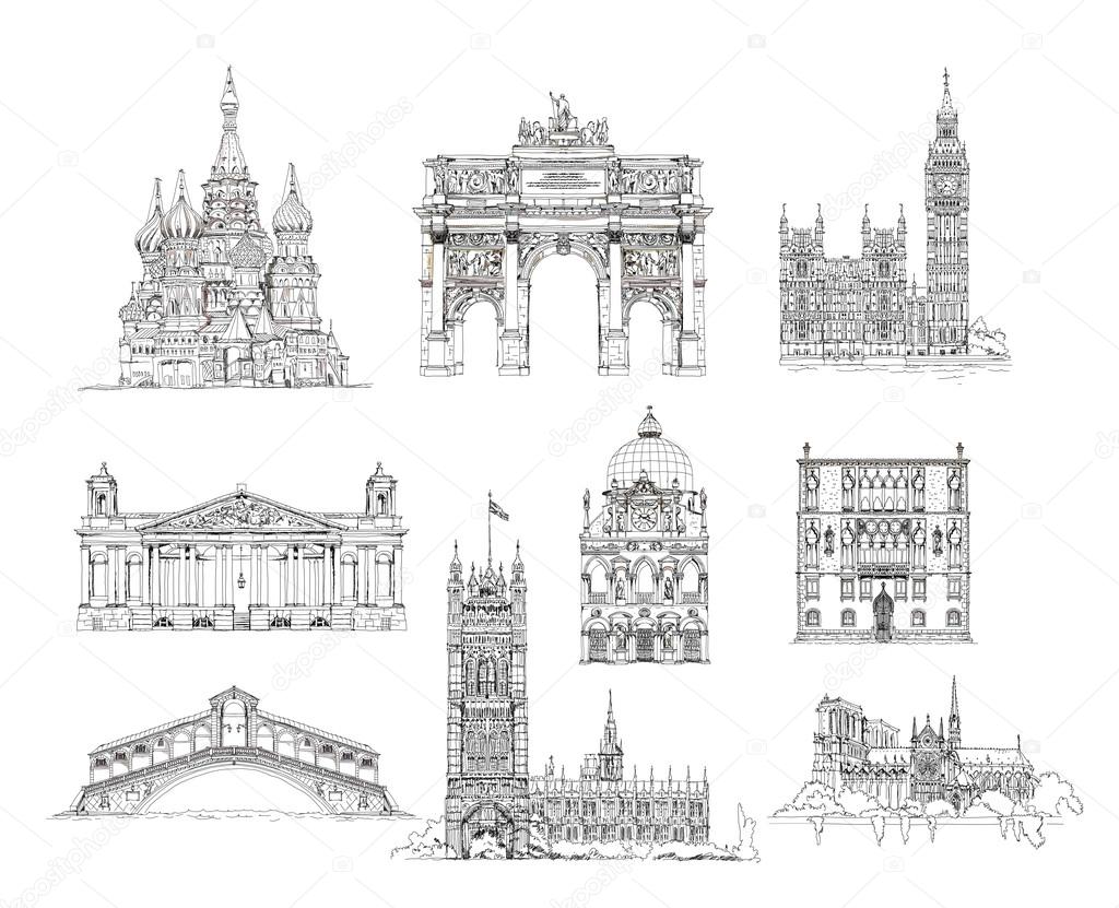 Famous buildings, sketch collection, St. Vasil cathedral in Moscow, Sketch of Eiffel Tower, Triumph Arch in Paris, Big Ben in London, Venice bridge of all lovers and other