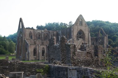 WALES, UK - 26 JULY 2014: Tintern abbey cathedral ruins. Abbey was established at 1131. Destroyed by Henry VIII. Famous as Welsh ruins from 17the century. clipart
