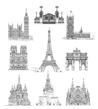 Ünlü binalar, kroki koleksiyonu, Moskova, kroki, Eyfel Kulesi Tour Eiffel, Paris, Londra, Notre Dame de Paris, Rus Ulusal Tarih Müzesi Big Ben Triumph Arch St. Vasil Katedrali