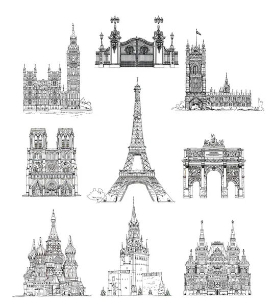 Famous buildings, sketch collection, St. Vasil cathedral in Moscow, Sketch of Eiffel Tower, Triumph Arch in Paris, Big Ben in London, Notre Dame in Paris, Russian national history museum — Stock Photo, Image
