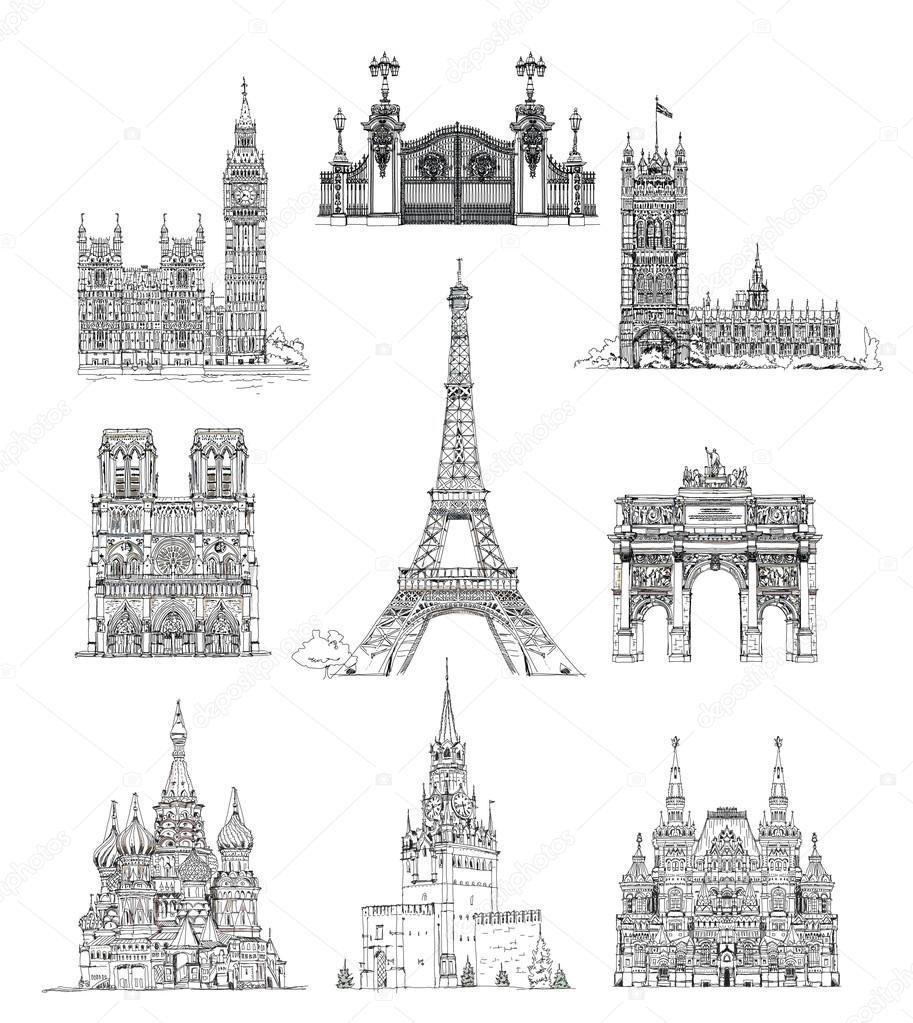 Famous buildings, sketch collection, St. Vasil cathedral in Moscow, Sketch of Eiffel Tower, Triumph Arch in Paris, Big Ben in London, Notre Dame in Paris, Russian national history museum