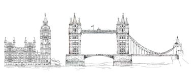 Ünlü binalar topluluğu kroki. Londra, Tower bridge, Big Ben
