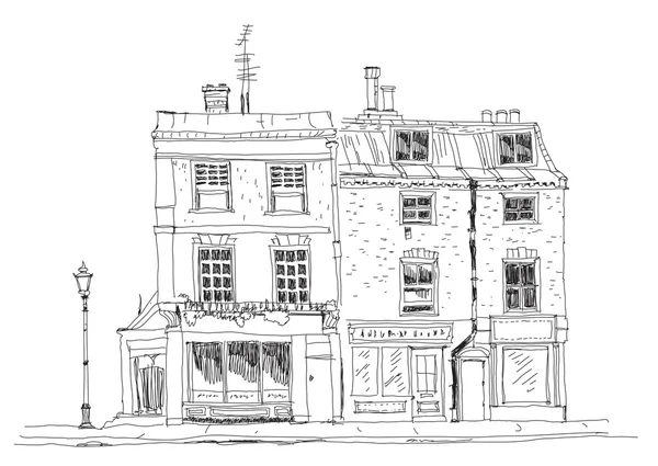 Antiguo pueblo inglés casas con tiendas en la planta baja. Colección de bocetos de edificios famosos —  Fotos de Stock