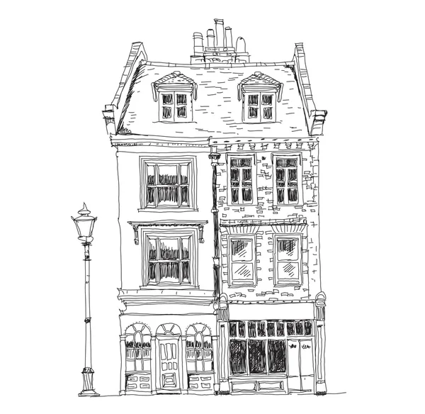 Vieilles maisons de ville anglaises avec des magasins au rez-de-chaussée. Croquis collection de bâtiments célèbres — Photo