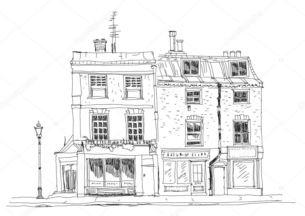 Old English town houses with shops on the ground floor. Sketch collection of famous  buildings