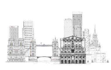 Dünya, kroki üzerinde Canary Wharf, Bank of England, Tower bridge Londra ve diğer ünlü binalar