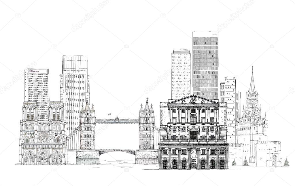 Famous buildings of the world, Sketch on Canary Wharf, Bank of England, Tower bridge in  London and other