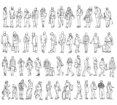 Silhouettes of walking people, caring bags, talking on the phone etc. Sketch collection