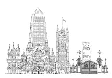 Dünyanın ünlü binalar kroki Canary Wharf, Buckingham Sarayı kapısı, Parlamento kule inlondon, Moskova Tarih Müzesi, Venedik mahkeme ve diğer