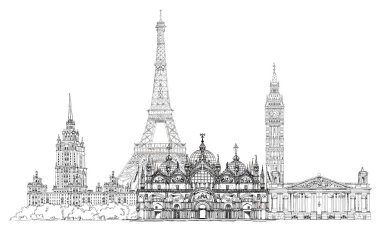 Ünlü binalar topluluğu kroki. Eyfel Kulesi, St. Marco Venedik, büyük Londra, Stalin Ben Moskova vs bina'nın.