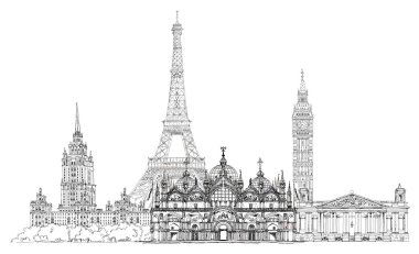 Sketch collection of famous buildings. Eiffel tower, St. Marco in Venice, big Ben in London, Stalin's building in Moscow etc. clipart