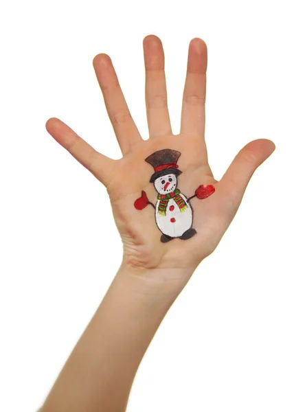 Children's hands raising up with painted Christmas symbols:  Snow man, — Stock Photo, Image