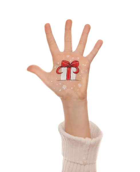 Las manos de los niños levantándose con símbolos de Navidad pintados: Papá Noel, árbol de Navidad, hombre de nieve, ciervo de lluvia, caja de regalo — Foto de Stock