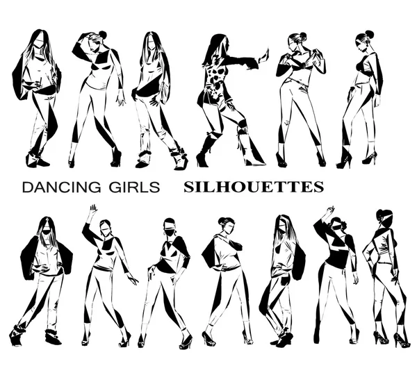 Bailando siluetas niñas, colección de bocetos —  Fotos de Stock