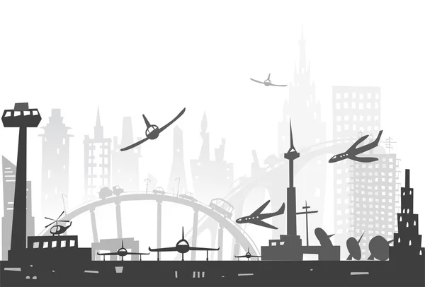 Luchthaven City en stad gemaakt van silhouetten van gebouwen — Stockfoto