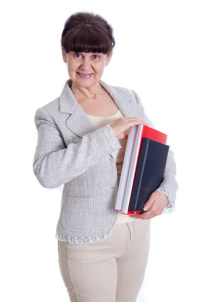 Mulher idosa batendo como um funcionário de escritório, administrador, secretária — Fotografia de Stock