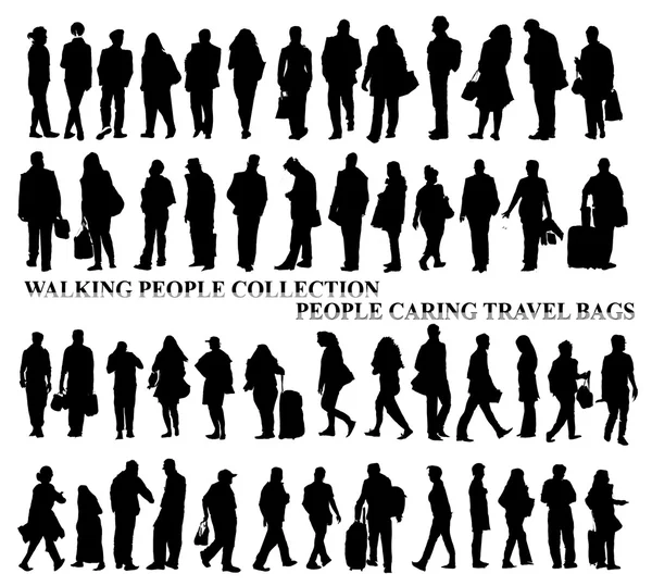 Silhuetter av promenader människor ta hand väskor, talar i telefon etc — Stockfoto