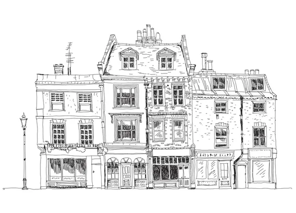 Старые английские таунхаусы с магазинами на первом этаже. Коллекция эскизов знаменитых зданий — стоковое фото