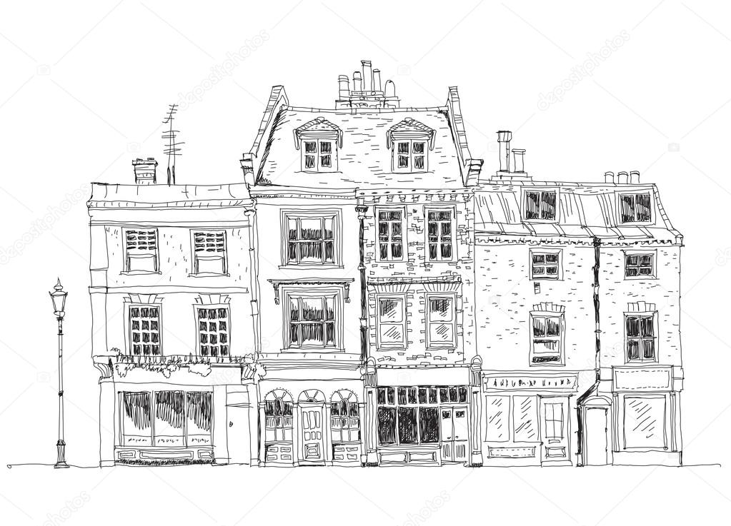 Old English town houses with shops on the ground floor. Sketch collection of famous buildings