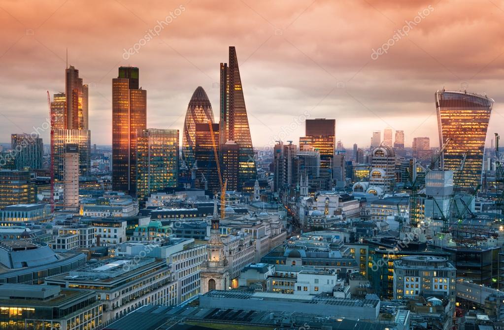 City of London, business and banking aria. London's panorama in sun set ...