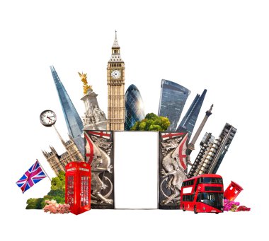 Londra. Turistik ve iş kolaj, beyaz arka plan karşı Londra'nın ünlü binalar