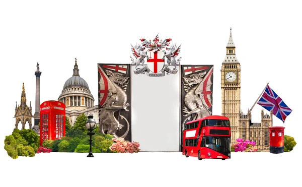 V Londýně. Turistické a obchodní koláž, londýnské slavné budovy proti Bílému pozadí — Stock fotografie